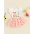 thumbnail image 2 of EYIIYE Bambin 2 Pièces Bébé Filles Princesse Ensemble 6M 12M 18M Bébé Manches Courtes Combinaisons Volants Côtelés Lettre Impression Col Rond Rompers Arc Gaze Jupe Tenues d'Été Occasionnels pour Fête Quotidienne, 2 of 10