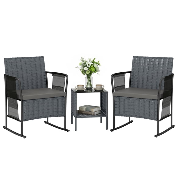 Outsunny 3 Piece Patio Furniture Rocking Bistro Set with Side Pocket, Grey