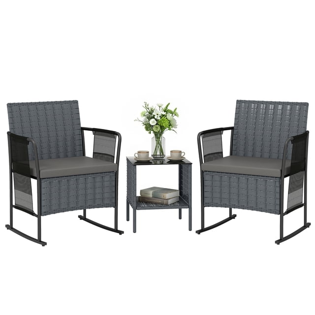 Outsunny 3 Piece Patio Furniture Rocking Bistro Set with Side Pocket, Grey
