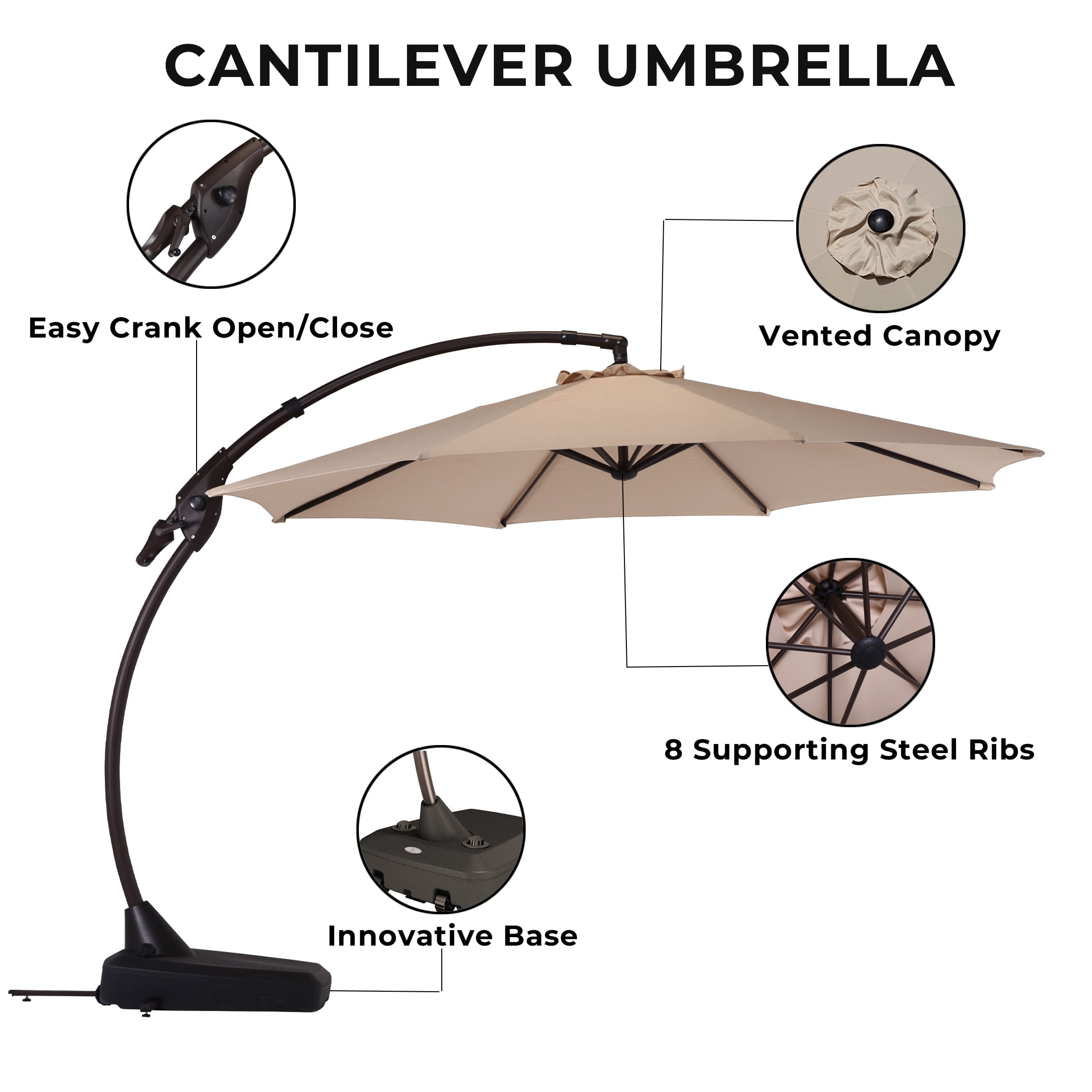 GRANDPATIO 12 ft Deluxe Curvy Aluminum Cantilever Octagon Umbrella(Champagne, with Base, 12' Diameter)