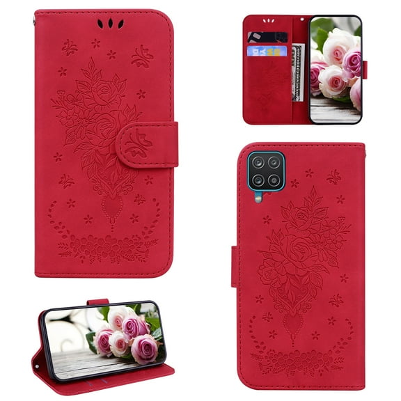 Samsung A22 Phone Case 4G, Butterfly Embossed Pattern PU Leather Magnetic Folio Flip Kickstand Protective Cards Pocket with Hand Strap Wallet Cover For Samsung Galaxy A22 4G,Red