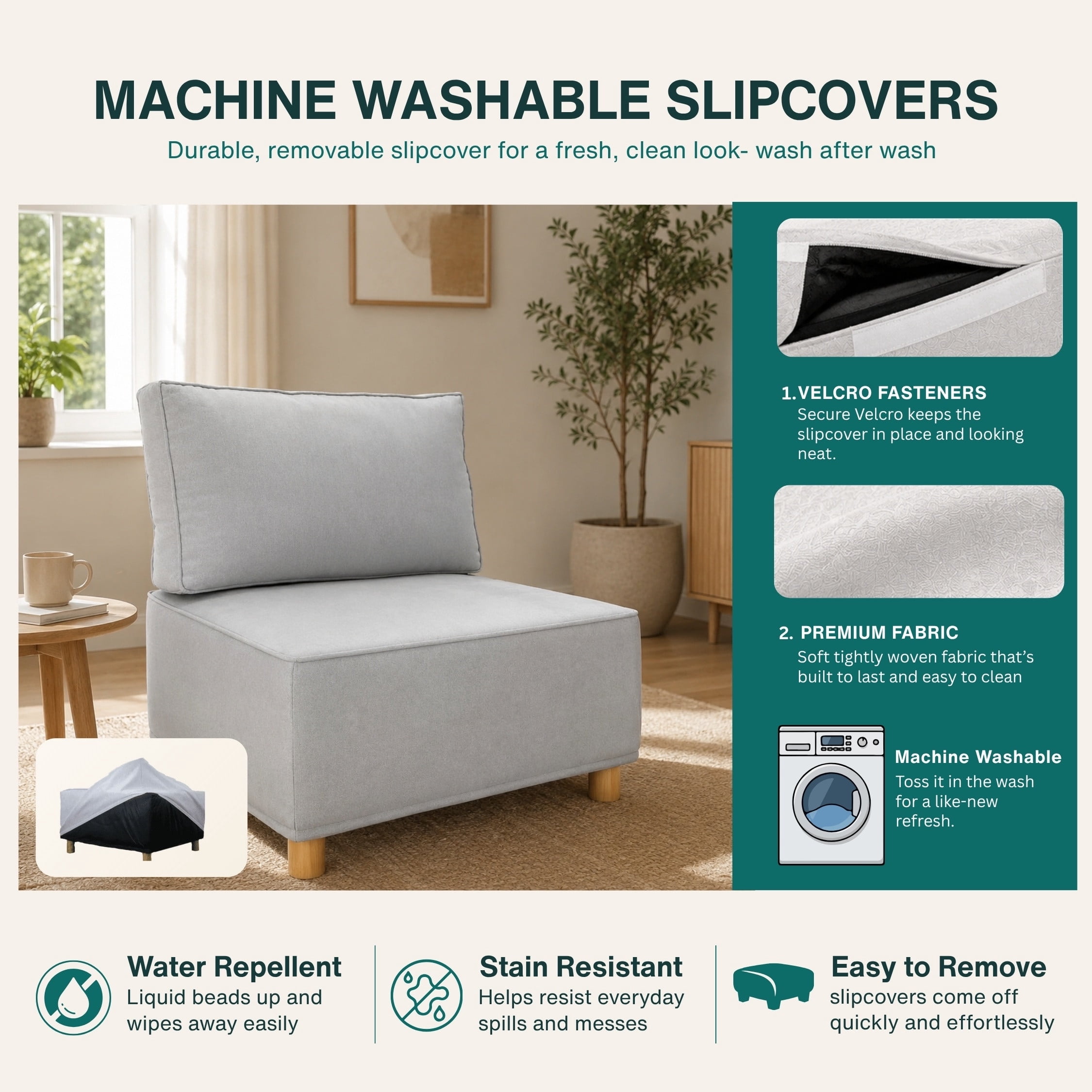 Chromcraft McKenzie Modular Armless Chair, Modular Sectional Sofa Component, 1-Piece Single Seat Sofa, Memory Foam Seating, Gray Fabric, Living Room