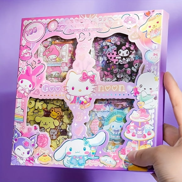 Hello Kitty & Friends 100 Pages Sticker Set, Officially Licensed, Cinnamoroll, My Melody, Kuromi Cartoon Characters, Waterproof PET Material, Cute Mug & Gift Box Decals, Ideal for Valentine's Day Gift
