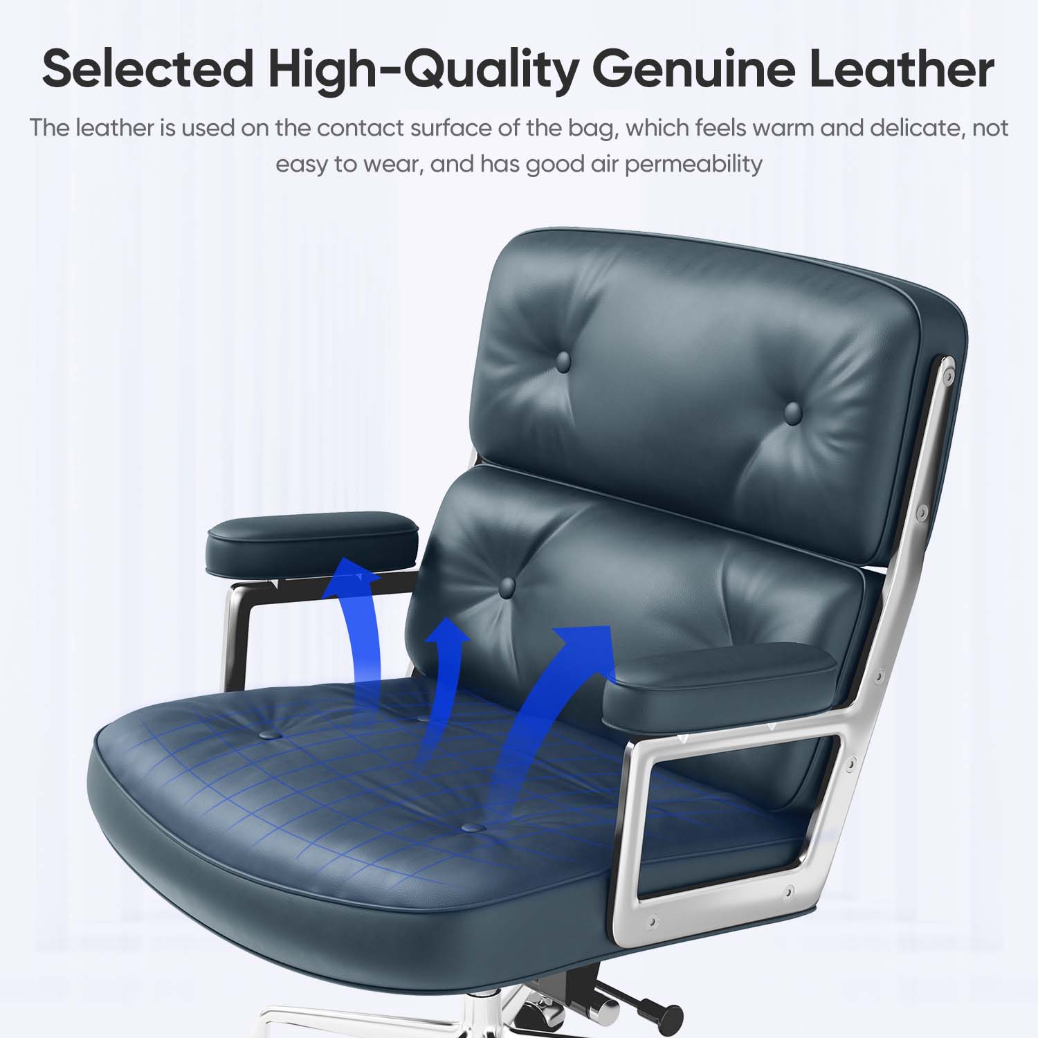Cottinch Mid Back Genuine Leather Office Chair, Executive Desk Chairs with Aluminum Arms & Thickened Backrest, Ergonomic Office Chair Swivel Office Leather Chair with Lumbar Support, Blue