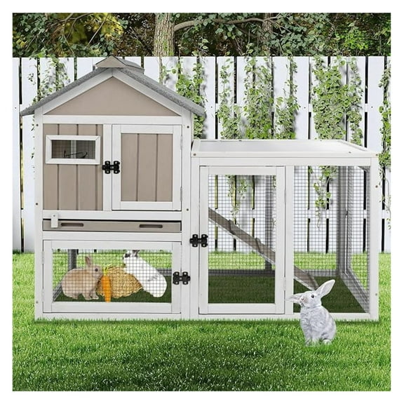 " L Rabbit Hutch Outdoor Indoor Bunny Hutch Weatherproof, 2-Story Wood Rabbit Cage with Deep Tray, Chew-Resistant Ramp, UV Roof, Bunny House for Small Animal, Expandable Guinea Pig Cage