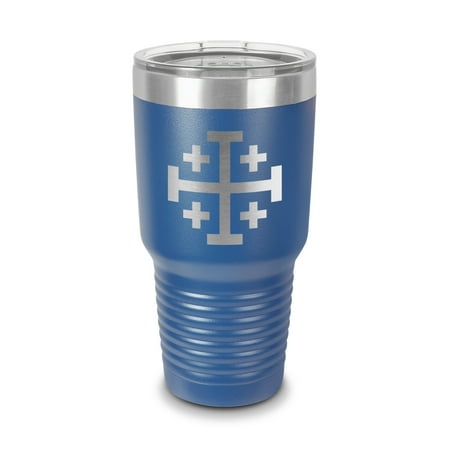 

Jerusalem Cross Tumbler 30 oz - Laser Engraved w/ Clear Lid - Stainless Steel - Vacuum Insulated - Double Walled - Travel Mug - christian religious heraldry - Blue