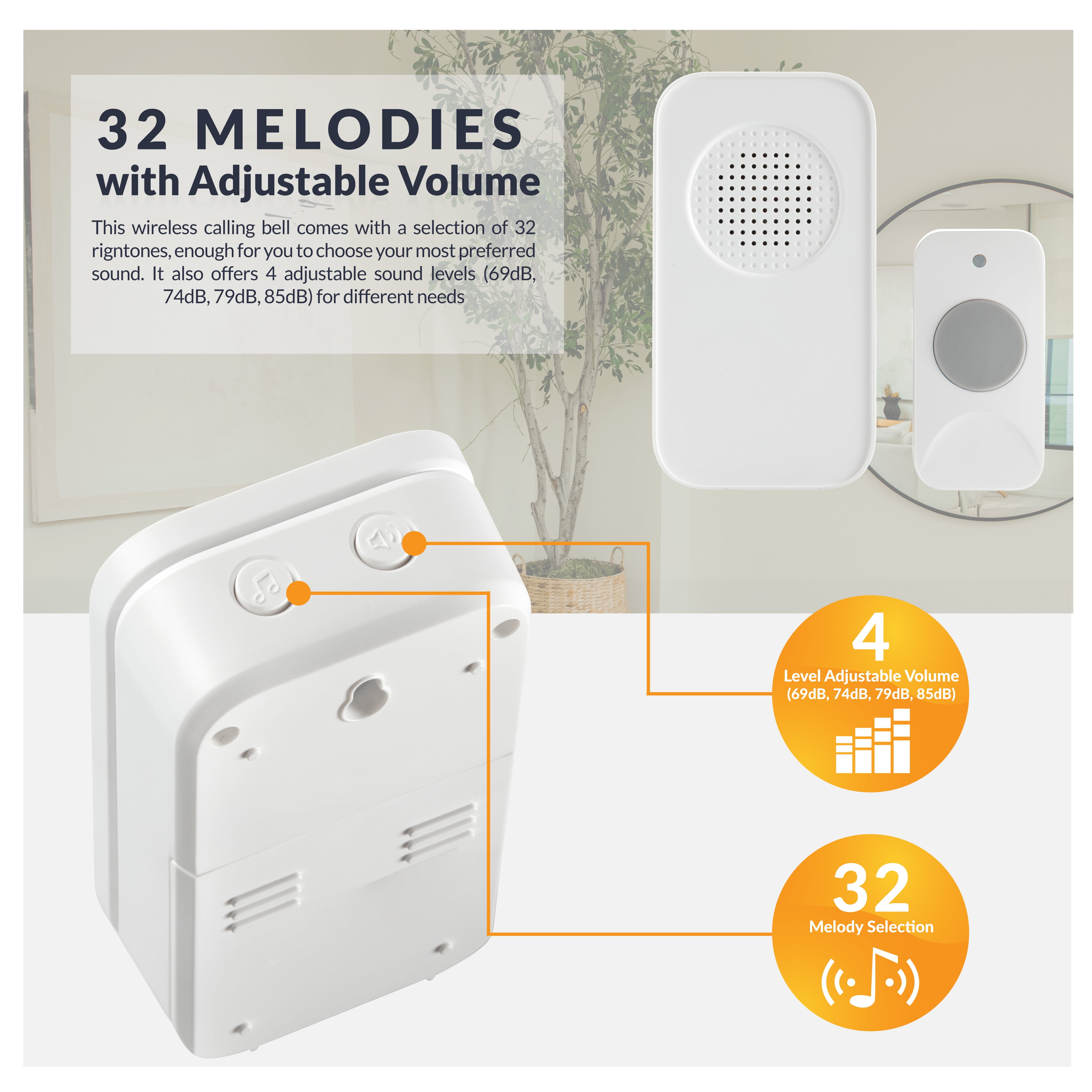Newhouse Hardware WCMB Wireless Door Chime Kit with Remote, 250 ft. Operating Range, Push Button, 32 Chimes, Adjustable Volume, White