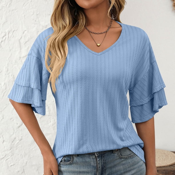 Puntoco Liquidación de blusas cortas para mujer, blusa holgada informal de manga corta a la moda para mujer