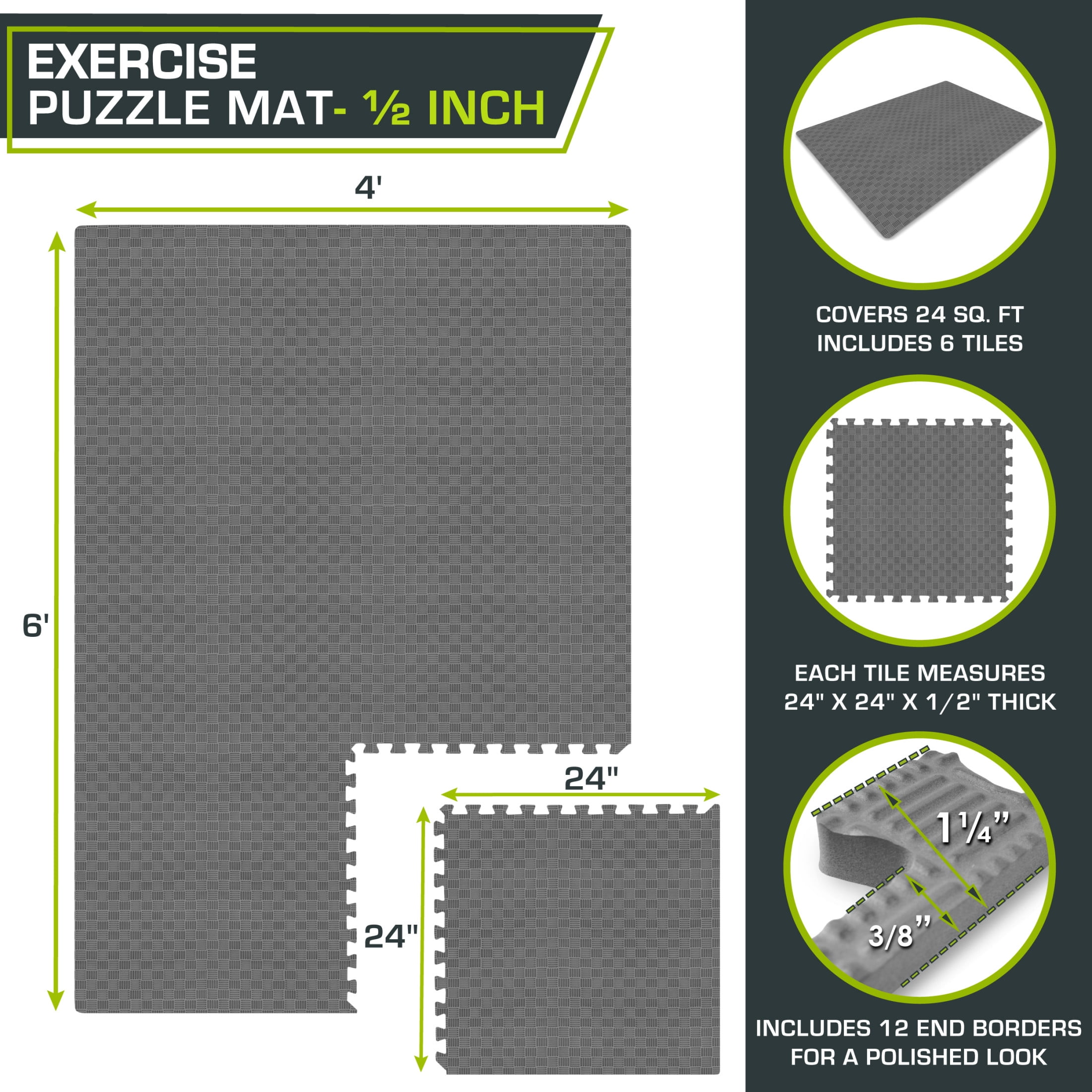 Checkered Puzzle Exercise Mat 12 x 12 1/2-in, Black, 12 Sq Ft