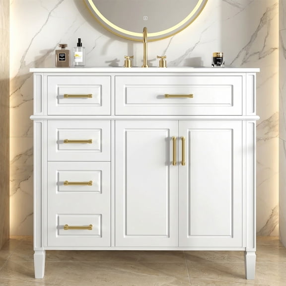 36" Bathroom Vanity with Sink, Pinewood Vanity Cabinet with 1 Flip Drawer, 3 Drawers, 2 Doors & 1 Adjustable Shelf, White