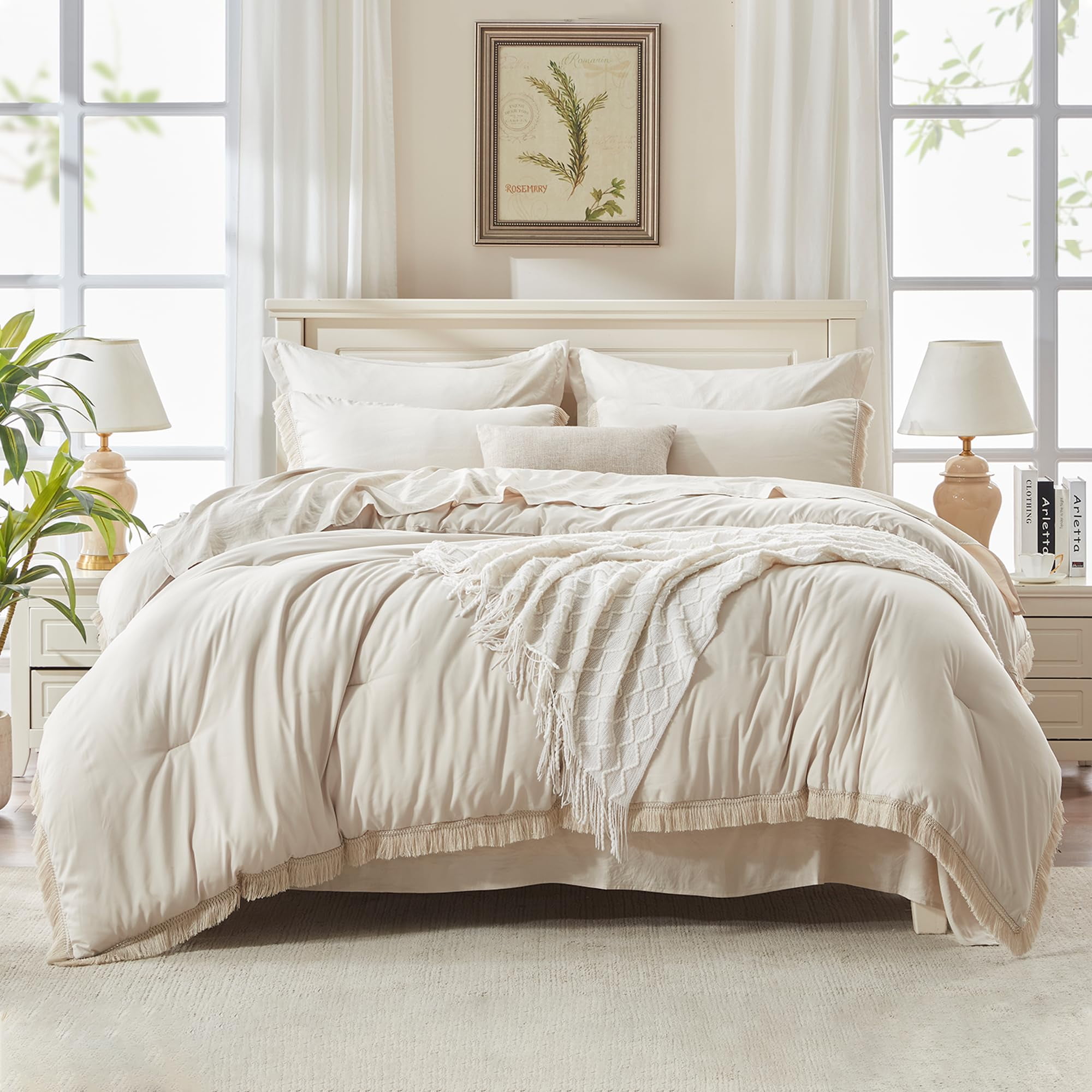 Andency King Size Comforter Sets Beige - 7 Pieces Bed in a Bag Soft Fluffy Bedding Comforter Sets for King Size Bed - Lightweight Cream Boho Tassel Bed Set with Comforter, Sheets, Pillowcases & Shams