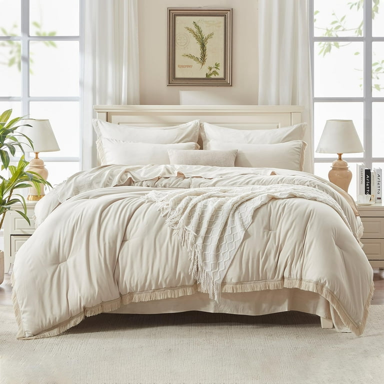 Andency Queen Size Comforter Set with Sheet Beige 7 Pieces Bed in a Bag Queen Bedding Comforter Sets All Season Boho Tassel Soft Lightweight Bed