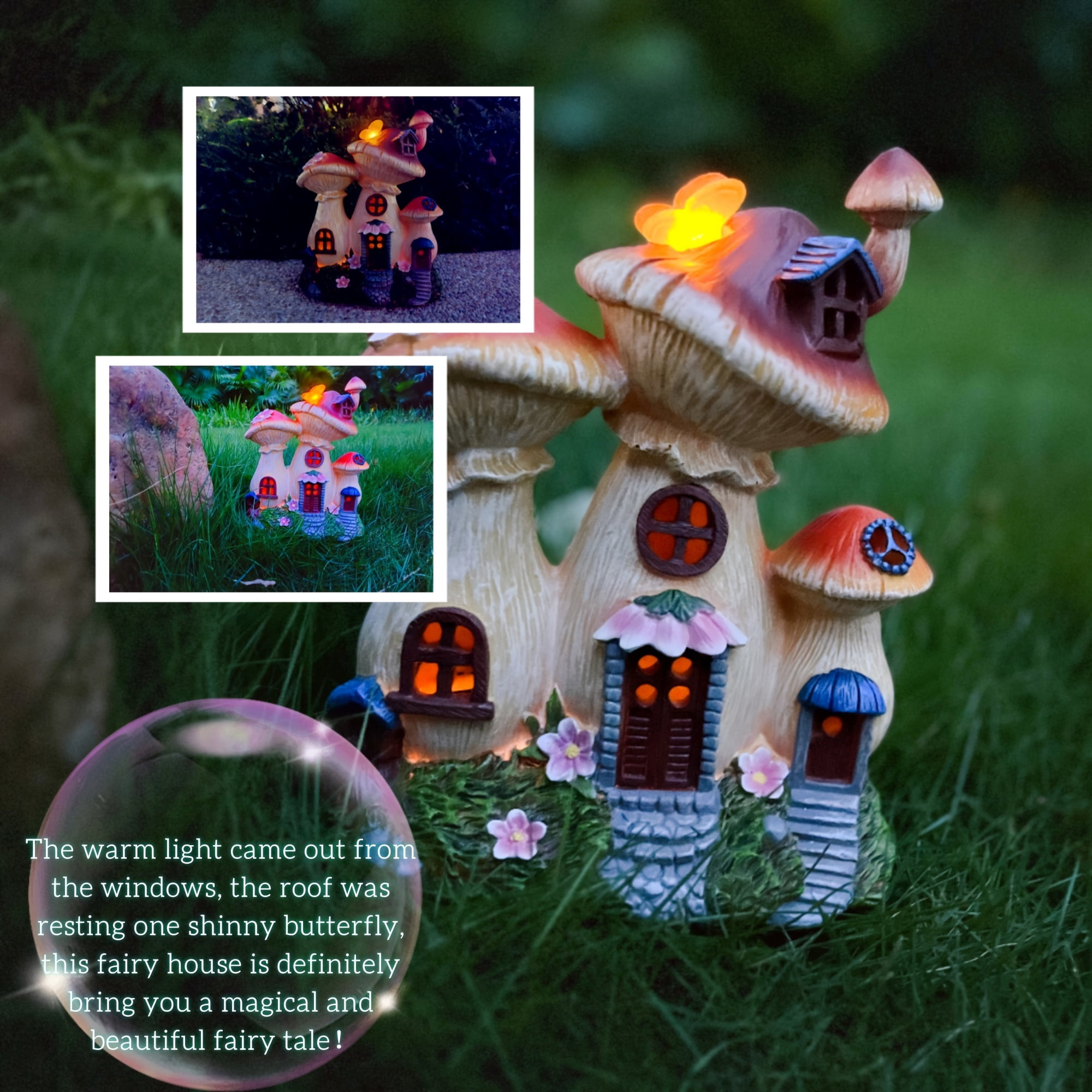 Outdoor Garden Statue Decor, Solar Mushroom House Sculptures with Glowing Butterfly