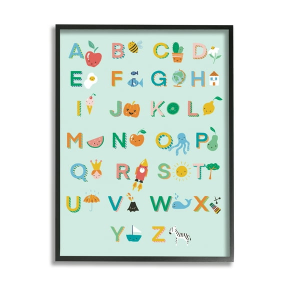Stupell Industries Alphabet Chart on Mint Green Typography Painting Black Framed Art Print Wall Art, 11 x 14