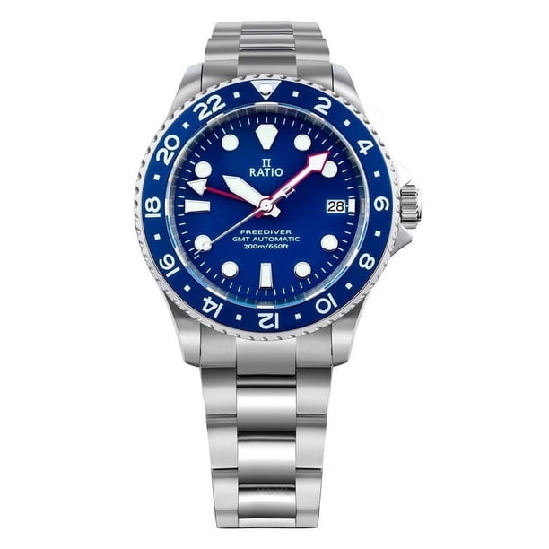 Ratio Reloj Automático FreeDiver Serie GMT con Zafiro, Acero Inoxidable y Esfera Azul, RTF053, 200 M, para Hombre