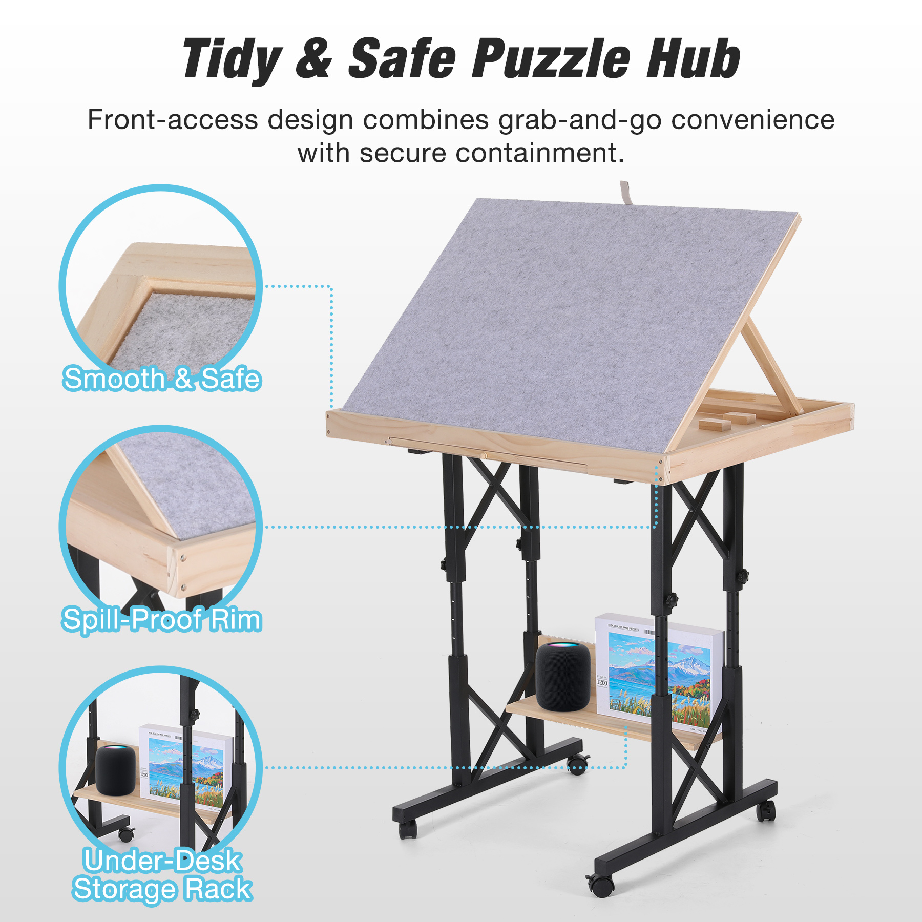 FUNTOK 1500 Pieces Puzzle Table with 4 Wheels, Adjustable Jigsaw Table with Drawers in Height Angle with Cover, Upgraded Stability for Adults