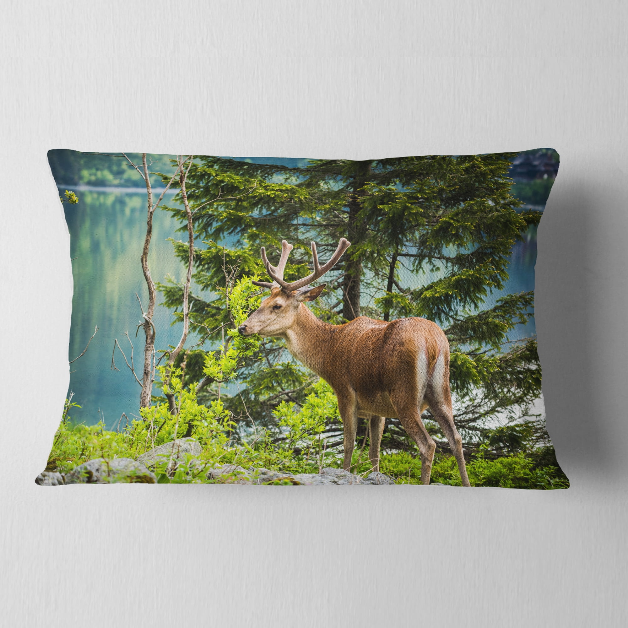 Designart Deer Stag near the Lake - Animal Throw Pillow - 12x20