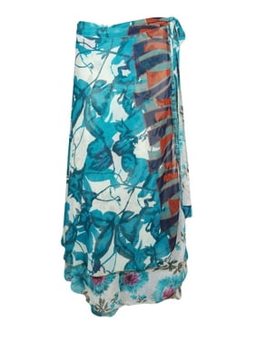 Mogul Womens Magic Wrap Skirt Vintage Silk Blend Double Layer Reversible Sari Bikini Cover Up Resort Sarong Dress