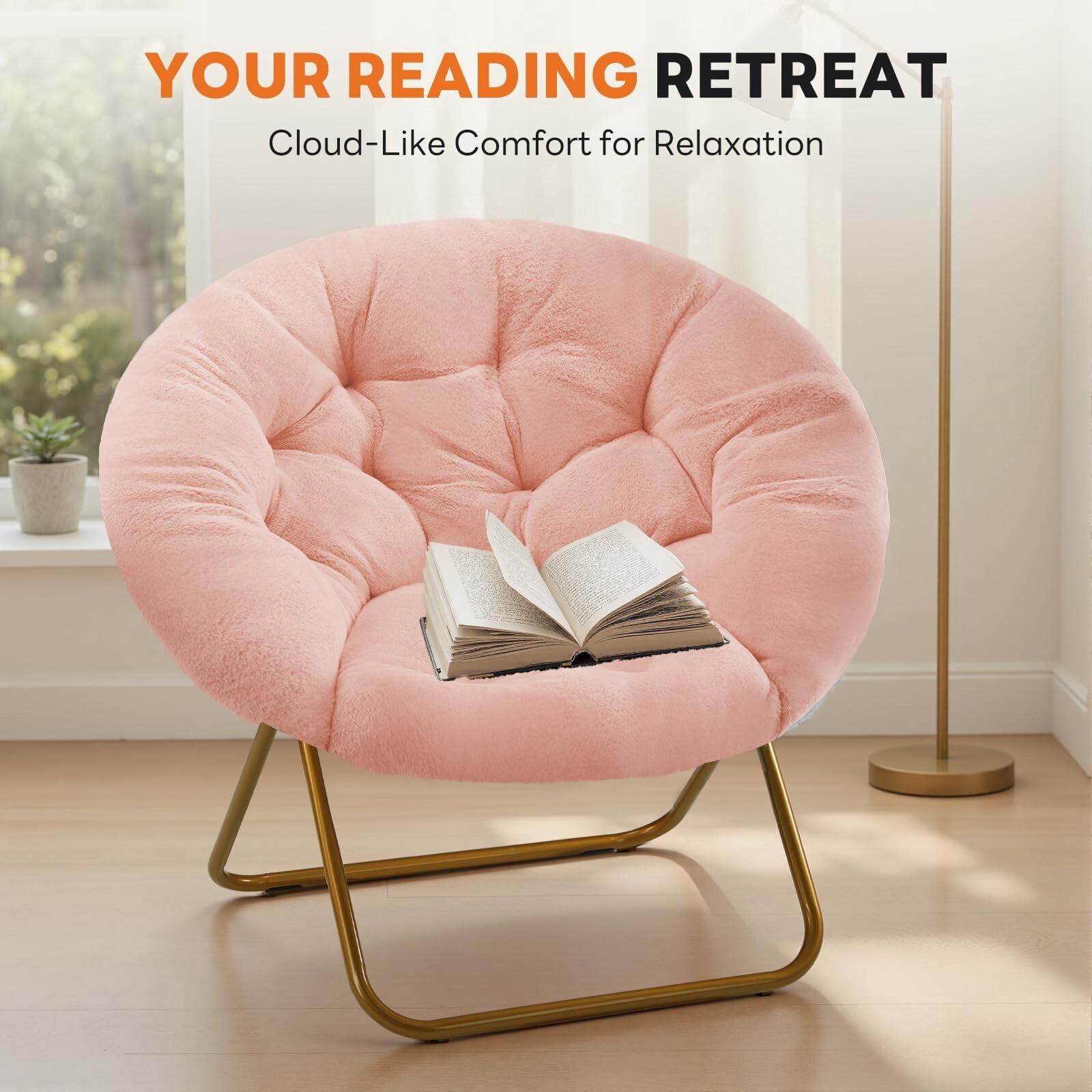 Kelno Faux Fur Saucer Chair 250lb Capacity Foldable Round Lounge Chair Soft Plush Folding Moon Chair, Pink