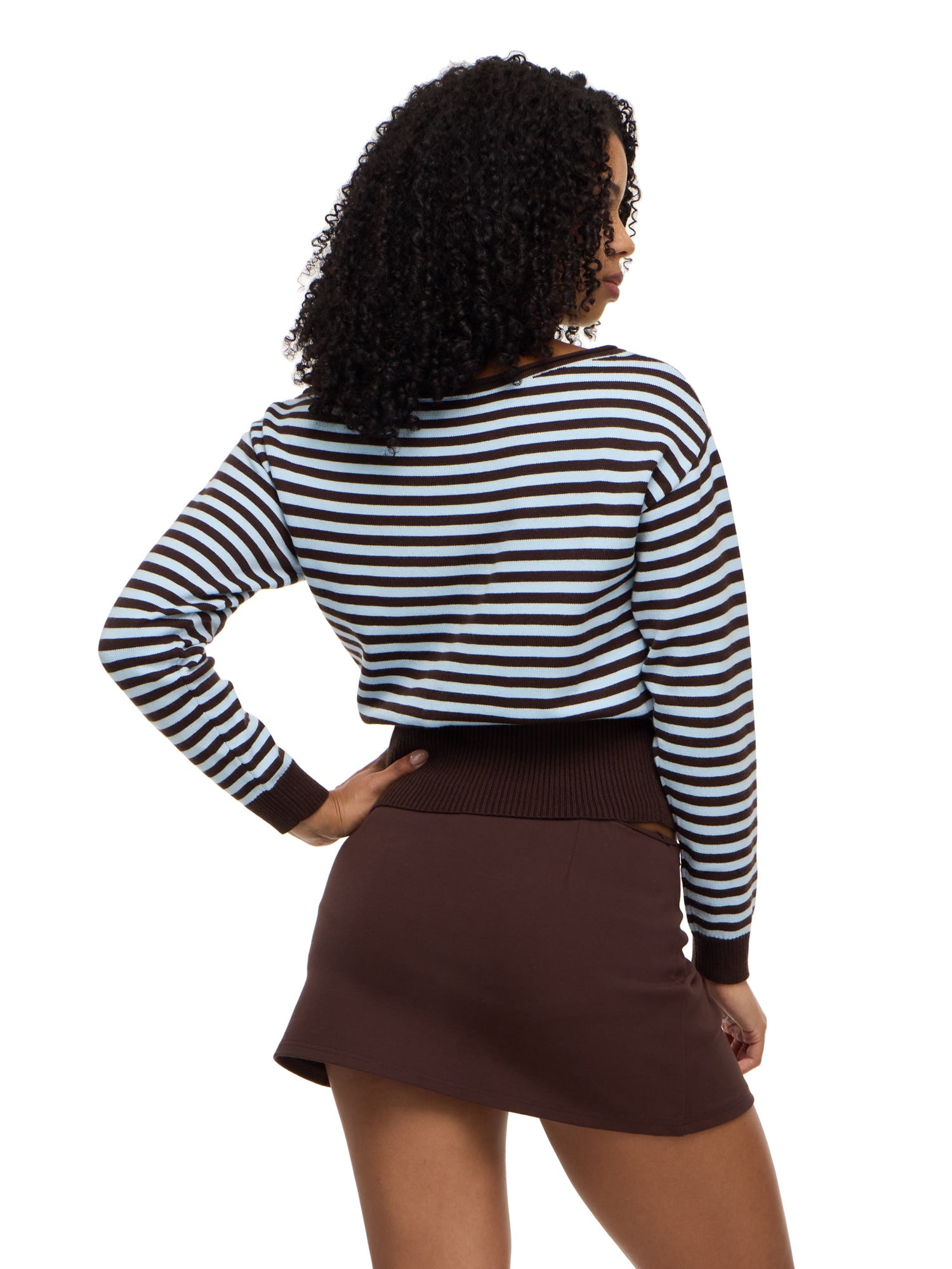 Forever 21 Women's Slouchy Off Shoulder Striped Sweater, Ribbed Waistband and Cuffs, Soft Knit Pullover Casual Everyday Style Top, Brown, XXS-XXL
