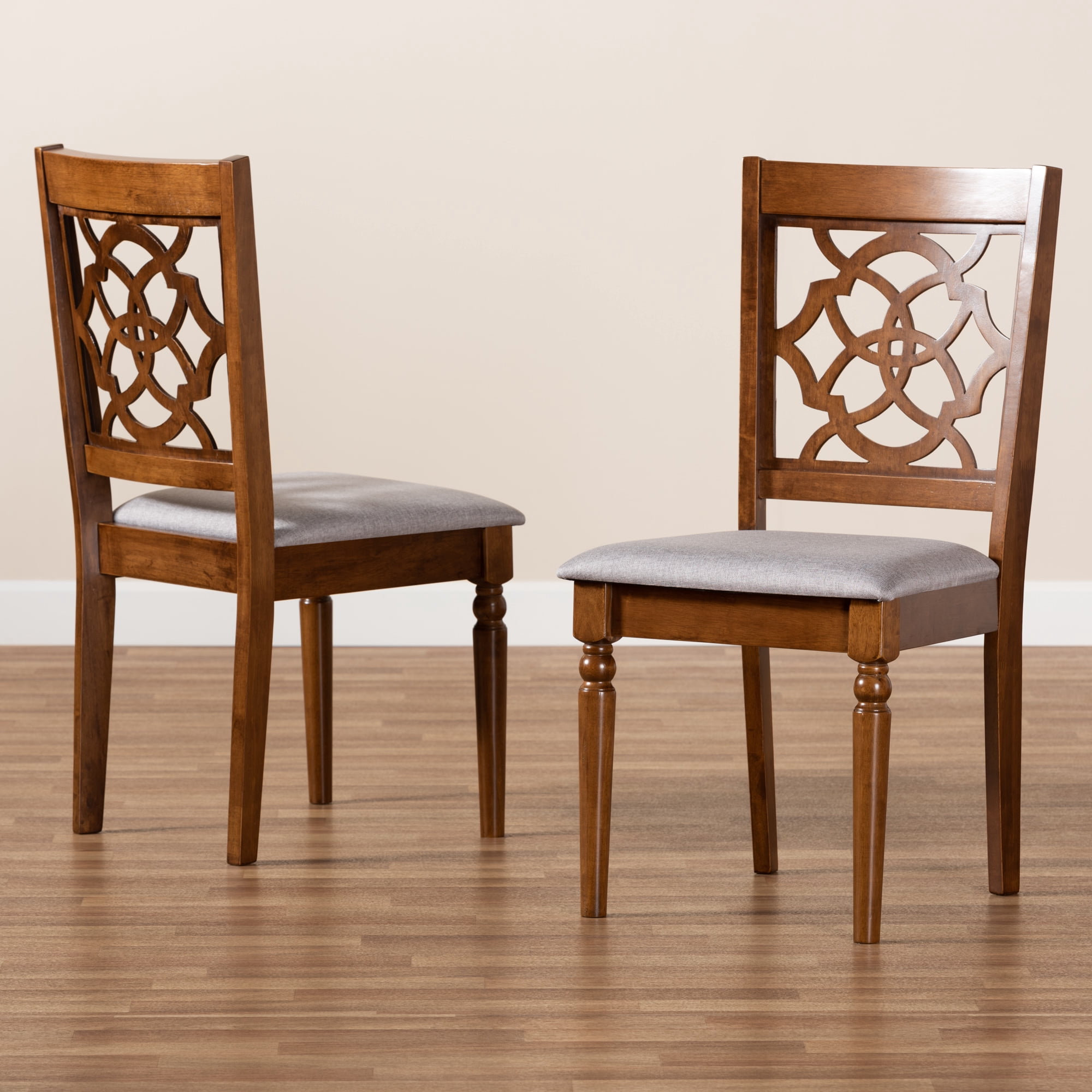 Baxton Studio Renaud Modern and Contemporary Grey Fabric Upholstered and Walnut Brown Finished Wood 2-Piece Dining Chair Set