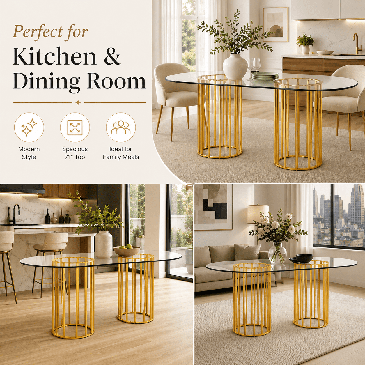 A7Store 71 in Glass Dining Table,Gold Dining Table for 6-8，Large Size Kitchen and Dining Room Table with Tempered Glass top and Gold Double Column Metal Legs, Modern Rectangular Dining Table