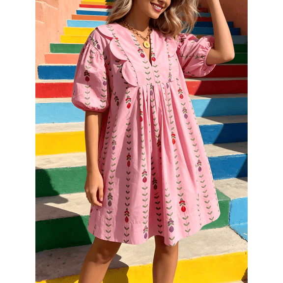Pink Floral Print Smock Dress With V-Neck Bishop Sleeves Flared Hem