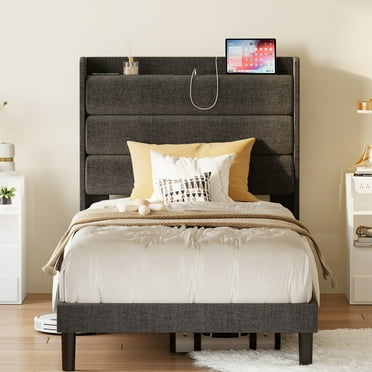 LIKIMIO Twin XL Bed Frames, Outlets Storage Upholstered Headboard, No Box Springs, Dark Gray