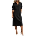 thumbnail image 2 of Neewe Womens Plain Lapel Collared 3/4 Sleeve with Pockets Casual Maxi Shirtdress Button Front Casual Dress, 2 of 5