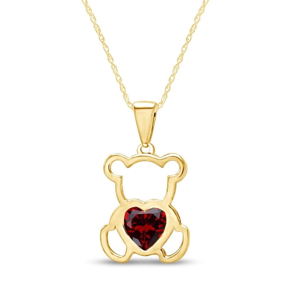 AFFY Heart Shape Simulated Garnet 14K Yellow Gold Over Sterling Silver Cute Teddy Bear Love Heart Pendant Necklace