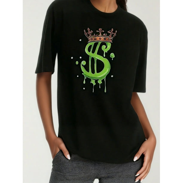 Ladies Novelty Money First Print Casual T-shirt, Comfortable Round Neck Ladies Sports Short Sleeve Top