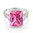 thumbnail image 3 of Gem Stone King 925 Silver and 10K Yellow Gold Pink Created Sapphire Moissanite and Diamond 3 Stone Ring for Women (7.56 Cttw, Gemstone September Birthstone, Emerald Cut 12X10MM, Size 8), 3 of 6