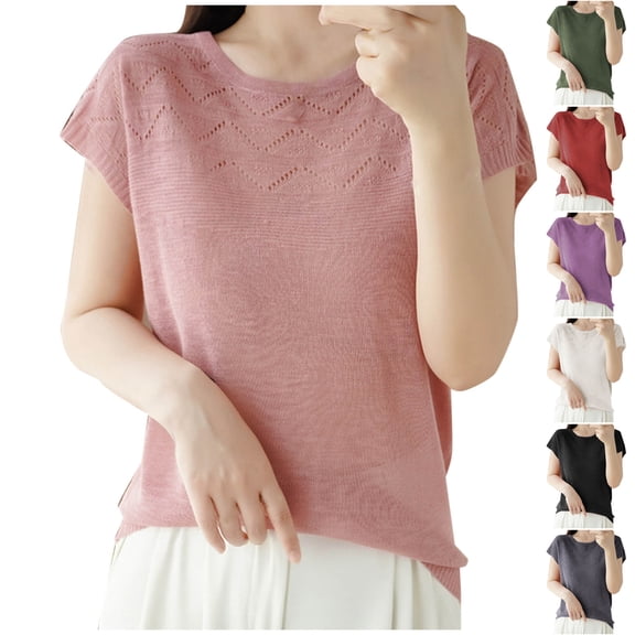 Paiwinds Fashion Women's Casual Solid Color Knit Short Sleeve Round Neck Blouse, Lightweight Knit Cotton for Daily, Summer, and Comfort Wear