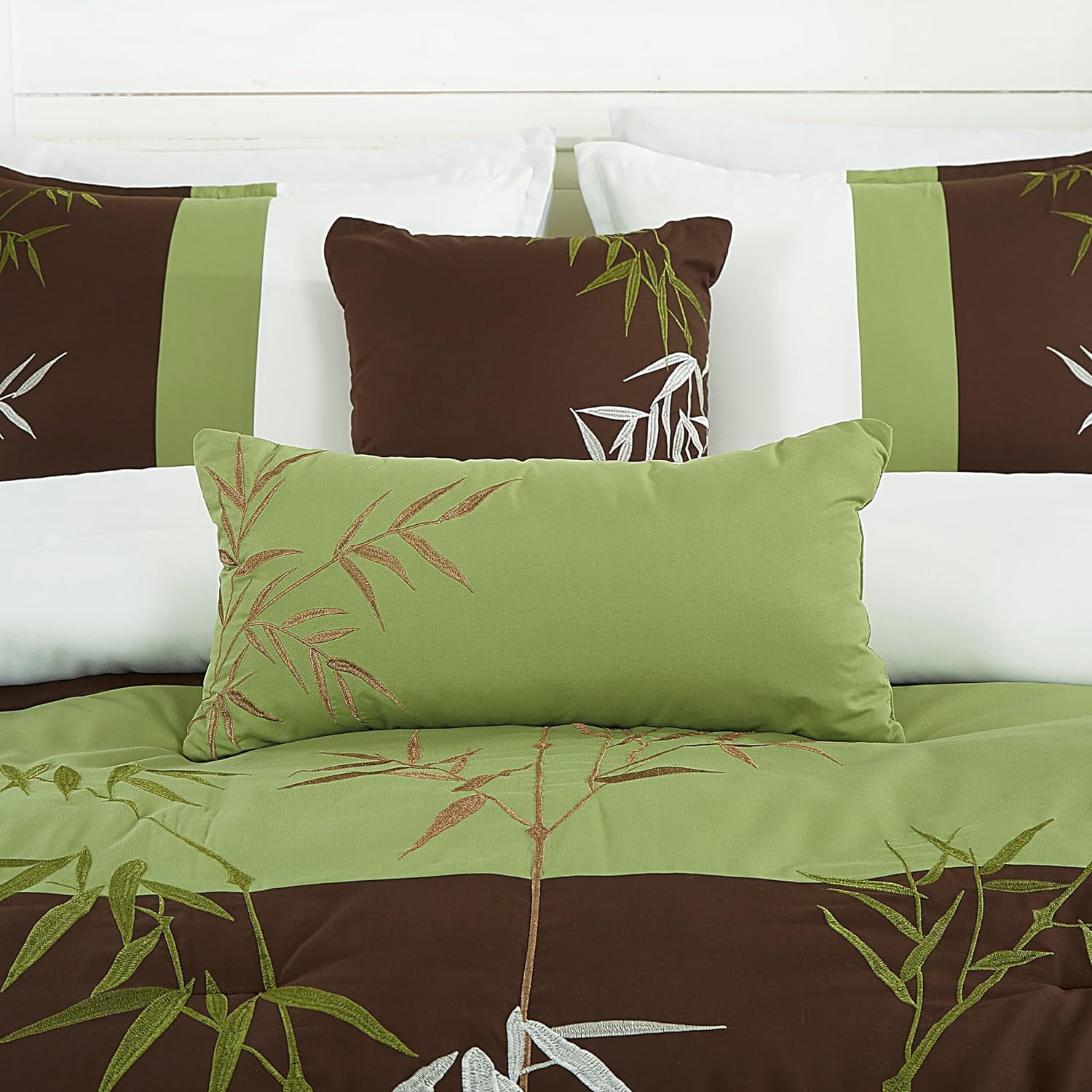 Chezmoi Collection Bengal 7-Piece Bamboo Embroidered Comforter Set California King Size, Sage Green Brown Ivory Bamboo Grass Microfiber Comforter Bedding