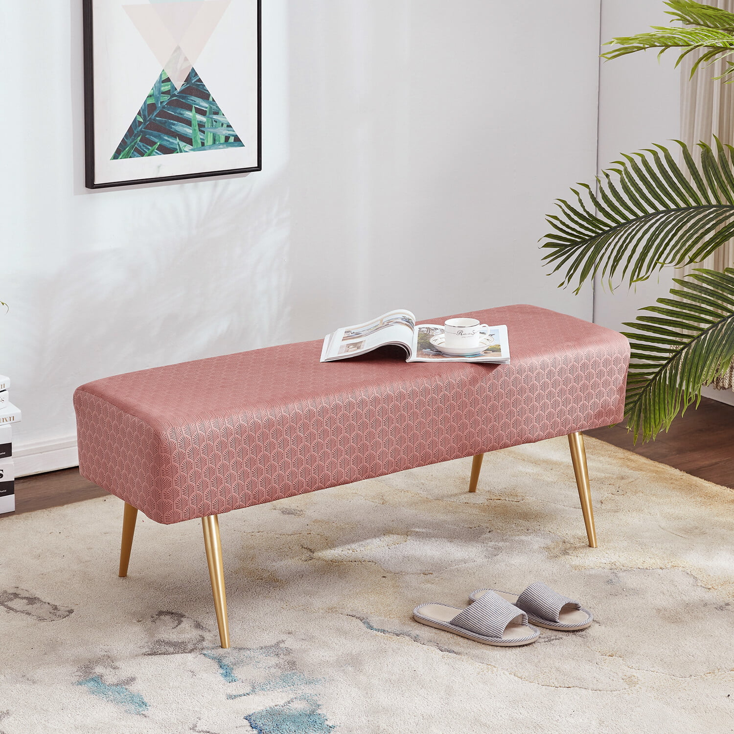 Dressing Chair for Living Room Entryway Bedroom Mxfurhawa 45.7 Inches Velvet Ottoman Bench Footstool Bed End Stool with Golden Metal Legs and Non-Slip Foot Pads Pink