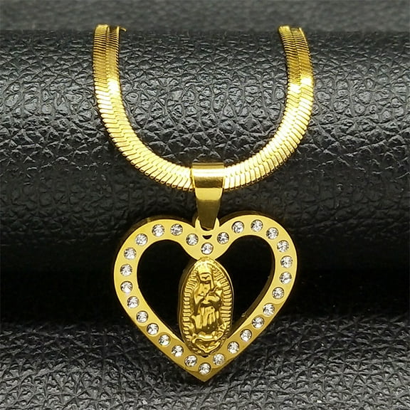 Exquisite Virgin Mary Heart 14K Yellow Gold Necklace for Women Men Rhinestone Golden Silver Color Catholic Chain Jewelry