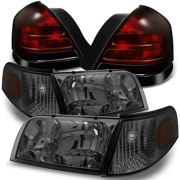 AKKON - For Ford Crown Victoria Smoke Headlights Repalcement Pair   Dark Red 2 Bulb Socket Tail Lights Combo Set