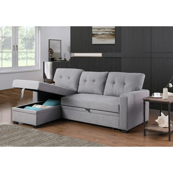 Hommoo 2 in 1 Pull Out Couch Bed Upholstered Sectional Sofa with Storage & Chaise, Convertible L Shaped Sleeper Sofa for Home,Light Gray