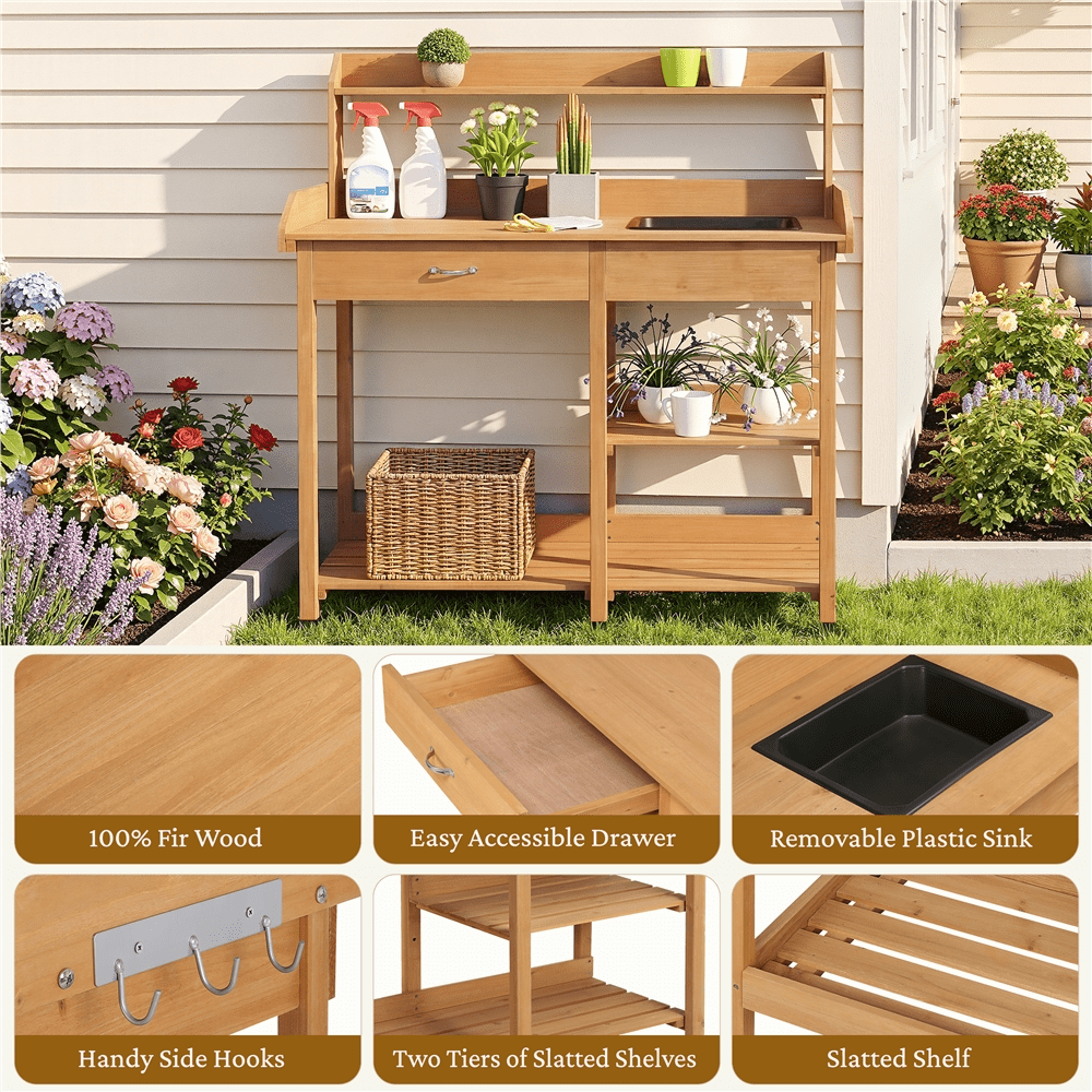 Renwick Garden Potting Bench with Basin & Drawer, Wood