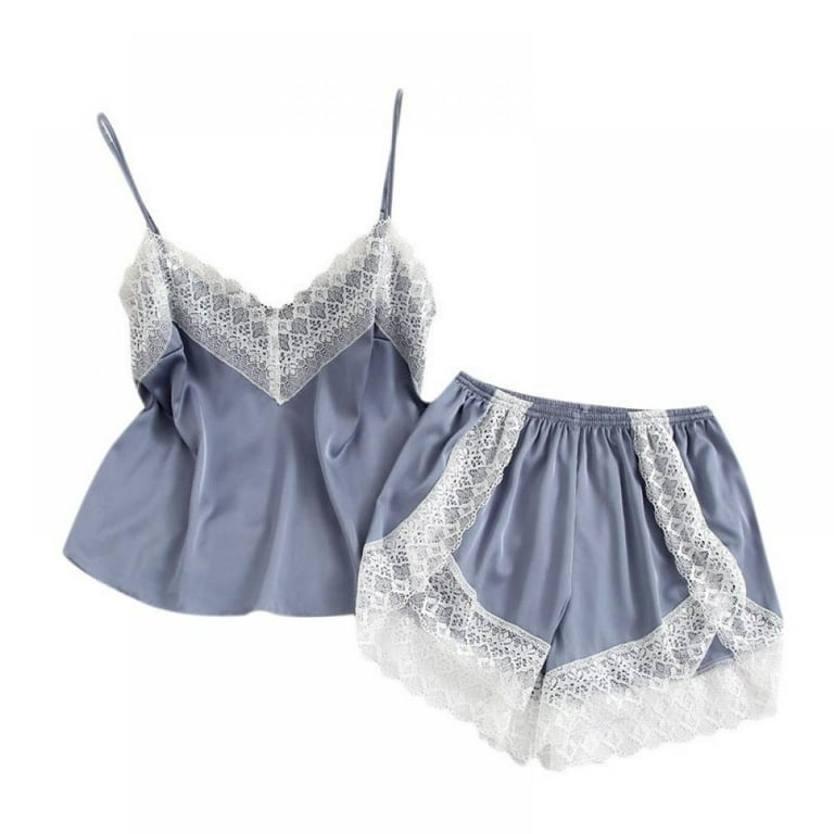ebukurty Satin Cami Sets for Women Sexy Pajamas Set V Neck Top and Lace  Shorts Nightwear Blue