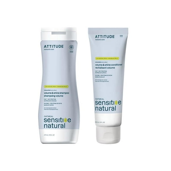Bundle of ATTITUDE Hair Shampoo and Conditioner for Sensitive Dry Scalp, Soothing Oat, For Thin Hair, Naturally Derived Ingredients, Vegan, Volume and Shine, Unscented, 16 Fl Oz