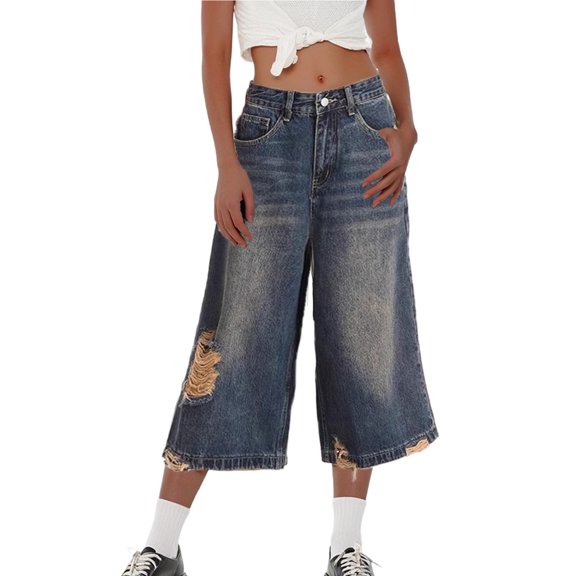 Zylarhe Women's Pants Women's Casual Cropped Ripped Denim Pants Washed Wide Leg Capri Style for Spring and Fall