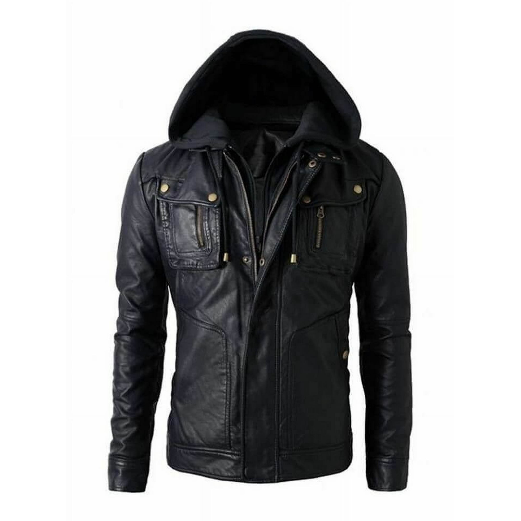 Black hooded faux leather biker jacket best sale