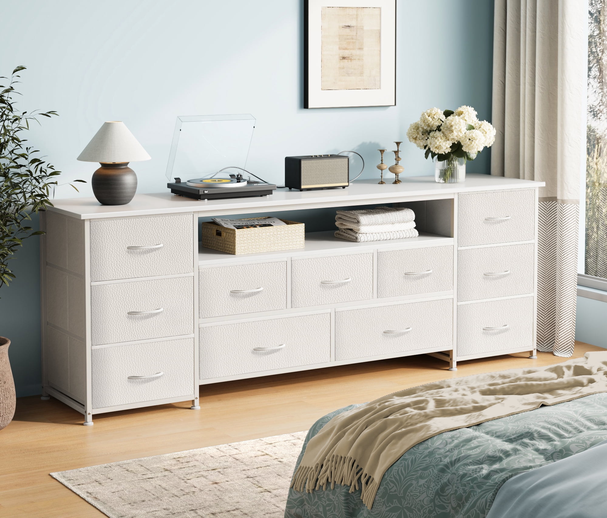 Amadwell Large TV Stand for 65, 70 Inch TVs, 11 Drawer Long Dresser with Power Outlets & LED Lights, 63 inch Entertainment Center