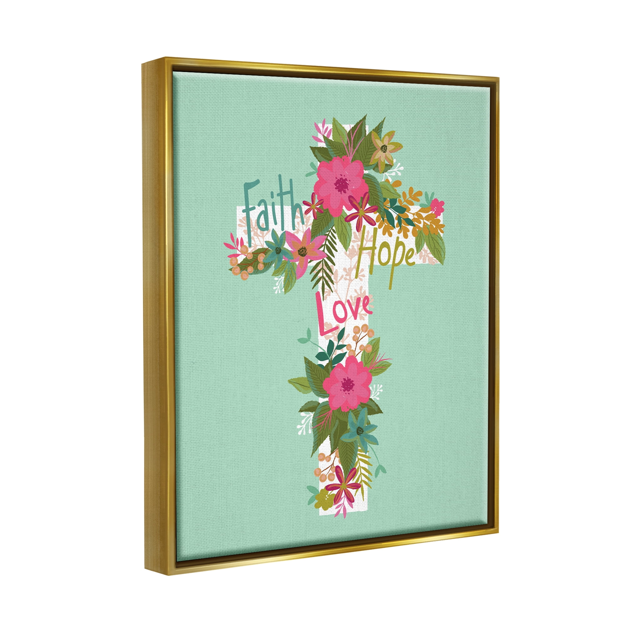 Stupell Industries Faith Hope Love Floral Cross Religious Painting Gold Floater Framed Art Print Wall Art