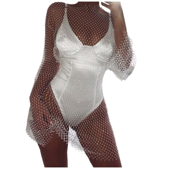 Women's Glittering Rhinestone Fishnet Cover Up Sexy See Through Mesh Beach Dress For Parties And Swimwear plus Size 5x Shirts with Lace for Women V Neck Short Sleeve Women Womens Tops Long Sleeve