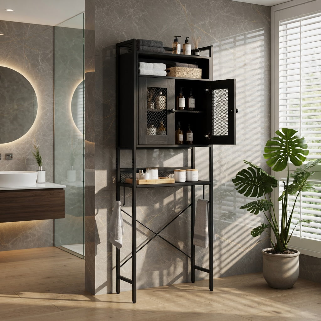 Hommoo Over-the-Toilet Storage Cabinet with Heavy-Duty Metal Frame, Farmhouse Freestanding Bathroom Organizer Adjustable Shelves, Wall-Safe Anti-Tip Design, Black