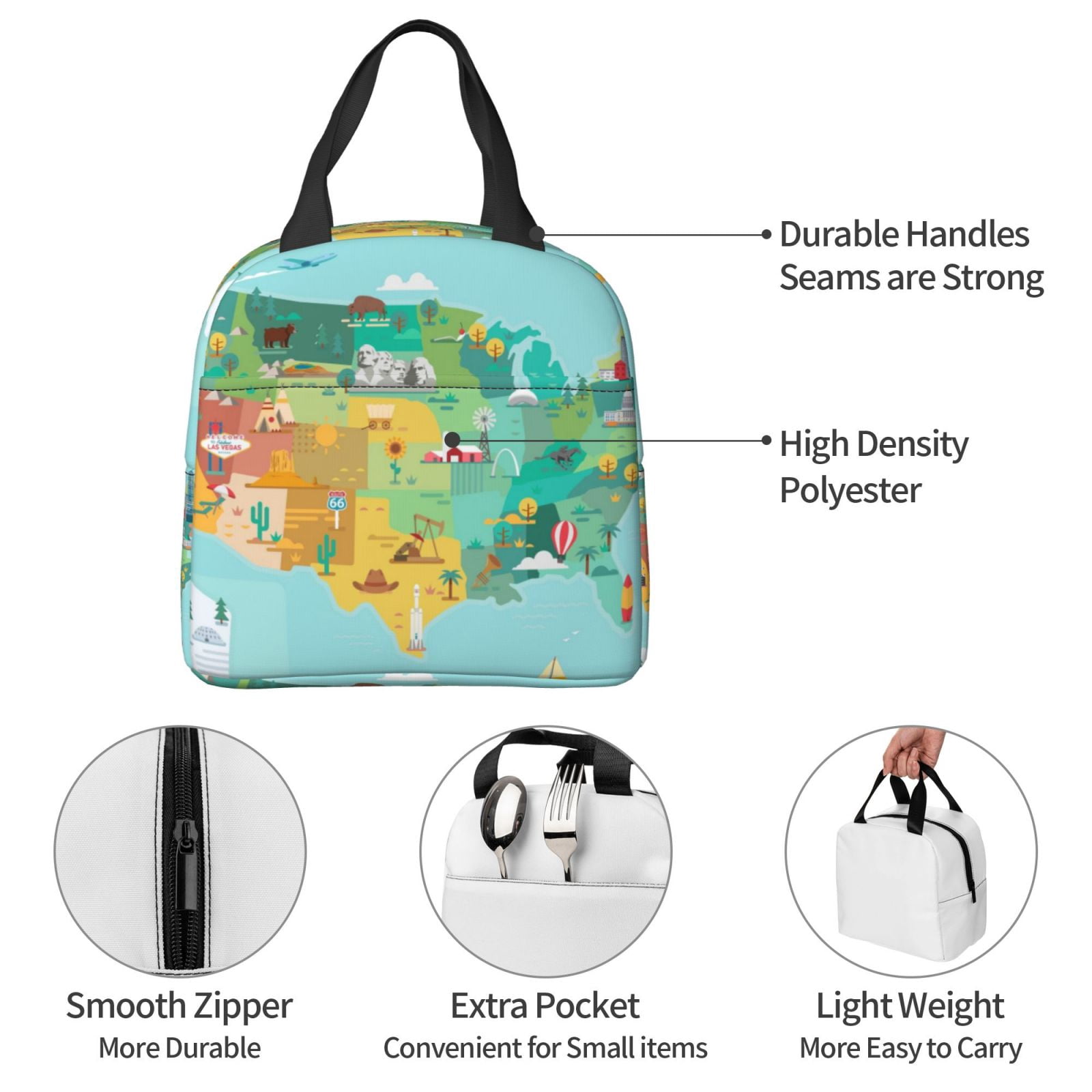 Naloa USA Tourist Map Print Lunch Box for Women Men,Insulated Lunch Bag,Lunchbox,Thermal Leakproof Cooler,Reusable Lunch Tote Bag for Work School Travel Picnic
