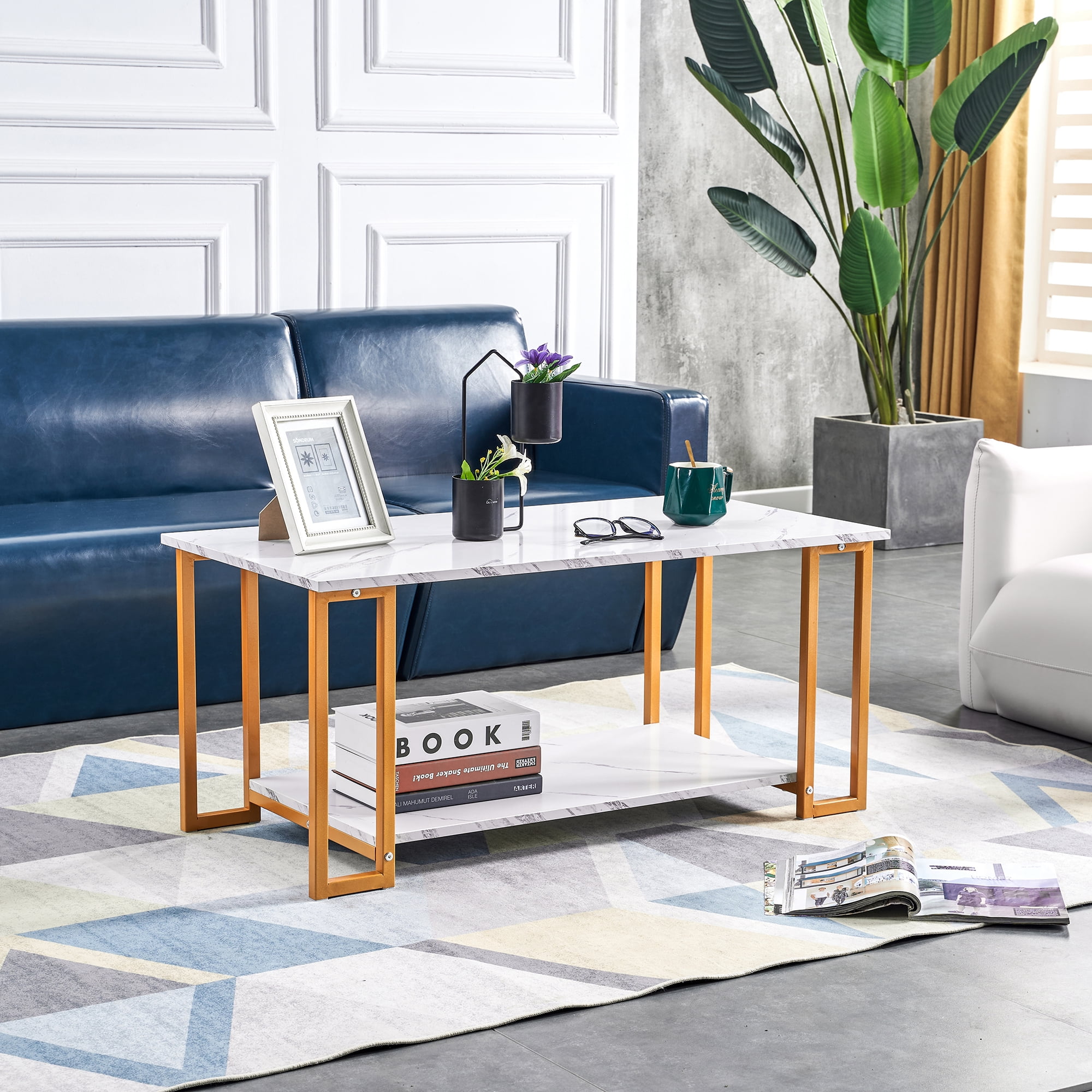 Lowestbest Coffee Table, 2 Layers, Thick Marble MDF Rectangle Tabletop Iron Coffee Table, for Dining Room, Coffee Shop, Restaurant(White Top, Gold Leg) Lowestbest Coffee Table, 2 Layers, Thick Marble MDF Rectangle Tabletop Iron Coffee Table, for Dining Room, Coffee Shop, Restaurant(White Top, Gold Leg)
