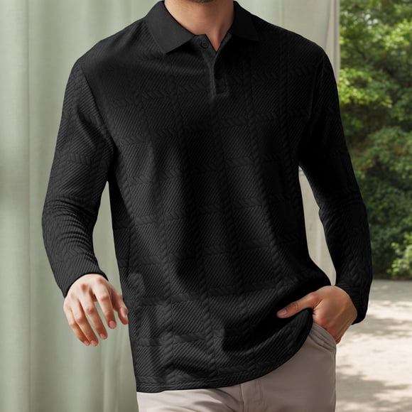 Polos pour Hommes Adultes à Manches Longues, T-Shirts Polo à Boutons, Coupe Ajustée, Vêtements Noirs pour Hommes